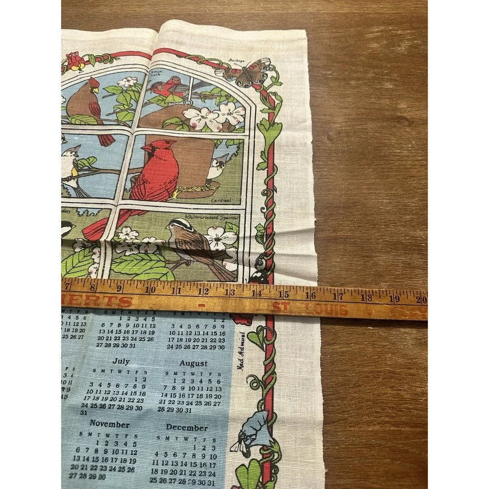 Vintage 1988 Printed Cloth Hanging Wall Calendar Tea Towel Butterfly Flower Bird
